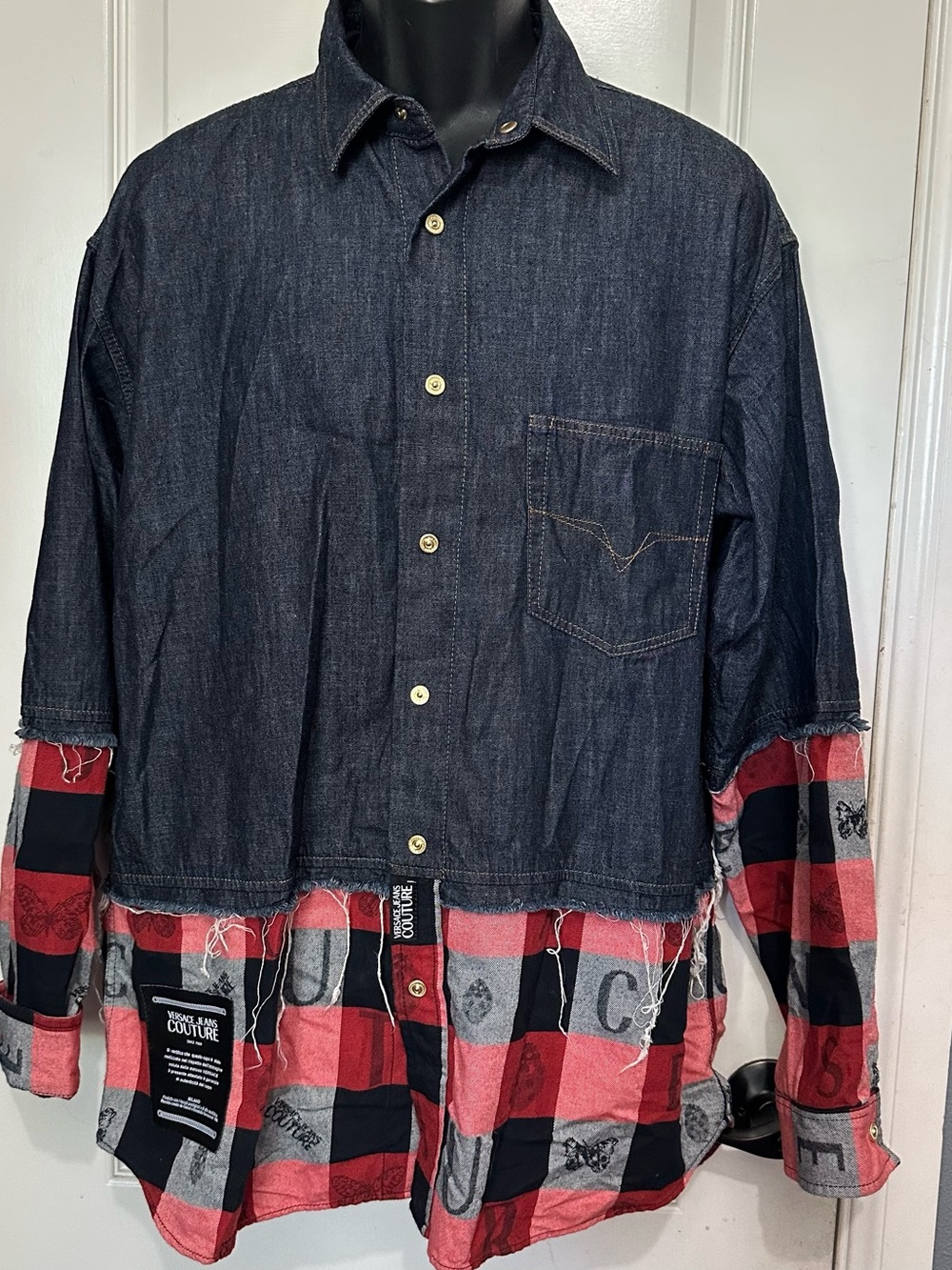 Versace Jeans Couture Red, Black & Denim Mixed-Media oversized Plaid Shirt